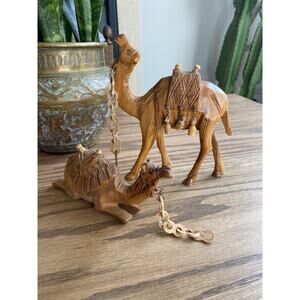 Vintage Hand Carved Olive Wood Camel Figurines Nativity Camels Set Of 2
